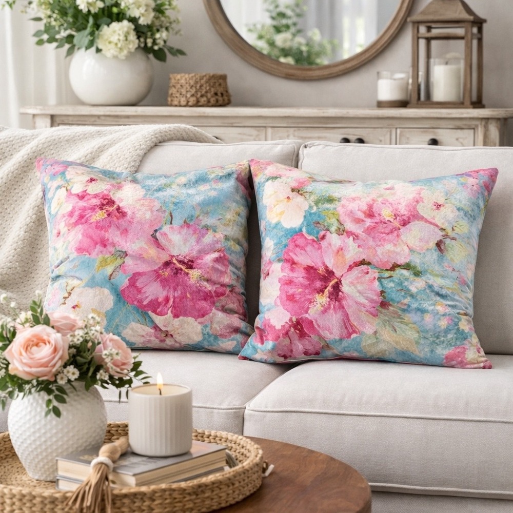 Set of 2 Floral Velvet Throw‎ Pillows 20x20 Pink Blue Shimmer Cottagecore